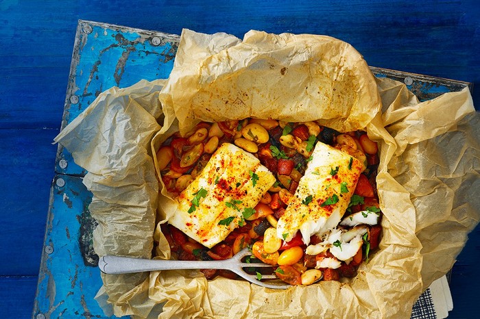 Bag-baked cod with tomatoes, chorizo and butterbeans