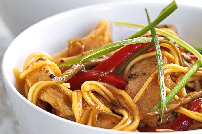 Sticky Lemon and Chilli Chicken Noodles A bowl of Sticky lemon and chilli chicken noodles