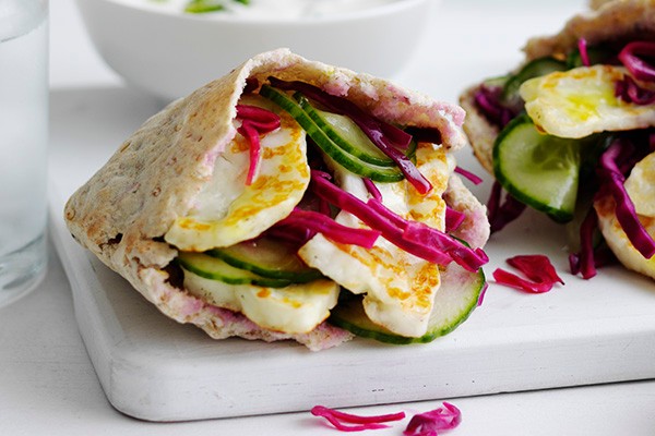 Stuffed Pittas Recipe with Halloumi and Pickled Cabbage