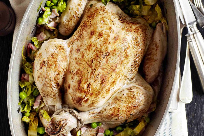 Pot Roast Chicken Recipe with Peas and Bacon