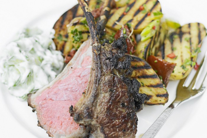 Roast rack of lamb on a plate