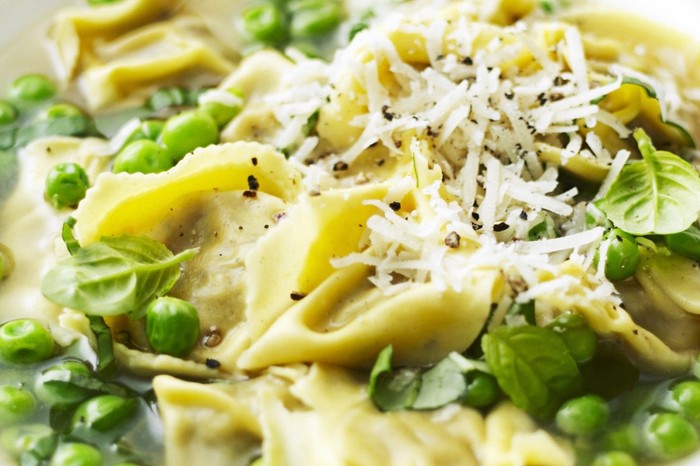 Tortellini in a pea broth