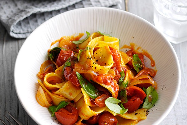 Pappardelle with buttery tomato and shallot sauce