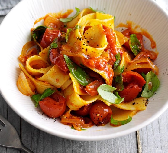 Pappardelle with buttery tomato and shallot sauce