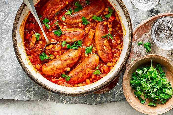 Sausage and bean casserole in a pot