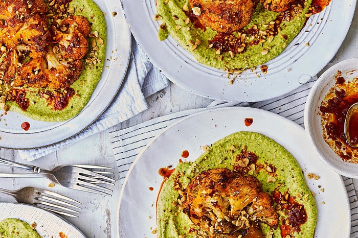 Roasted harissa cauliflower with warm coriander hummus and dukkah