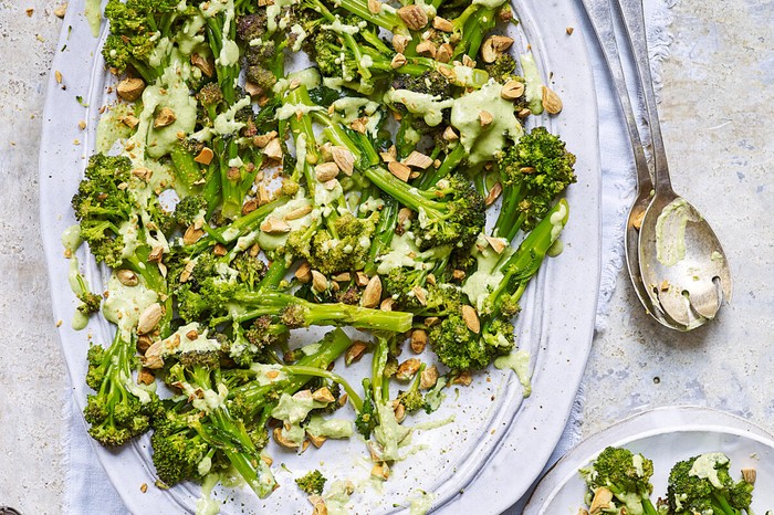 Purple sprouting broccoli, blue cheese and almond salad