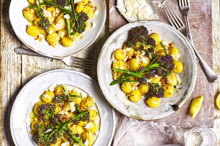 Garlic butter gnocchi with crispy purple sprouting broccoli