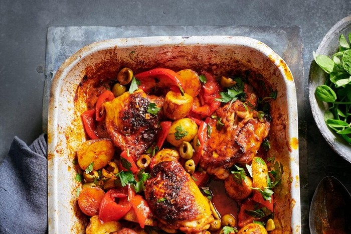 Honey and Paprika Glazed Chicken Traybake with Salad