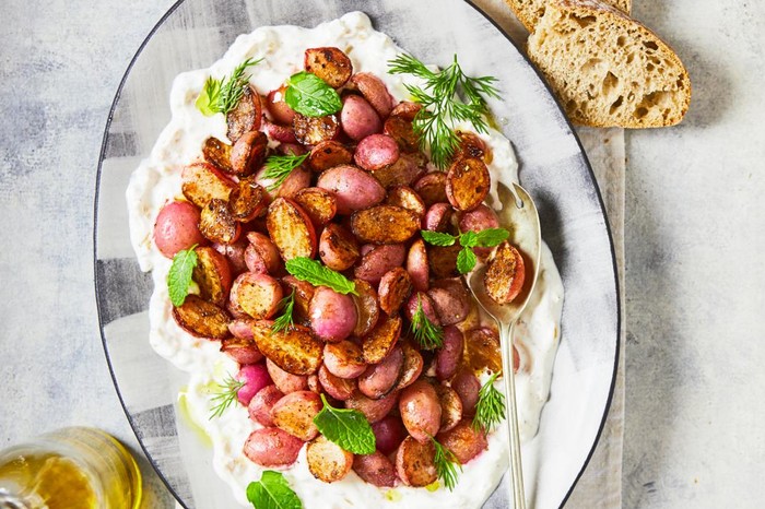 Spiced radishes on preserved lemon yogurt