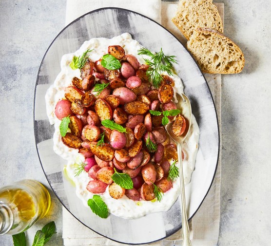 Spiced radishes on preserved lemon yogurt