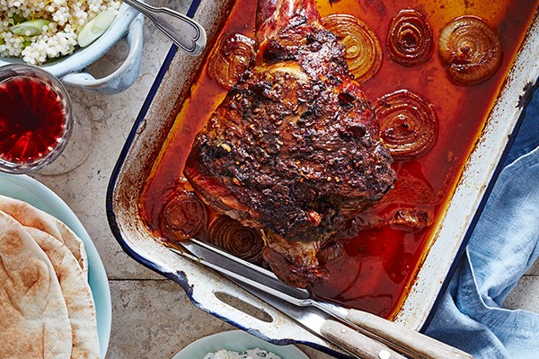 Slow-roast mechoui lamb leg with mint labneh