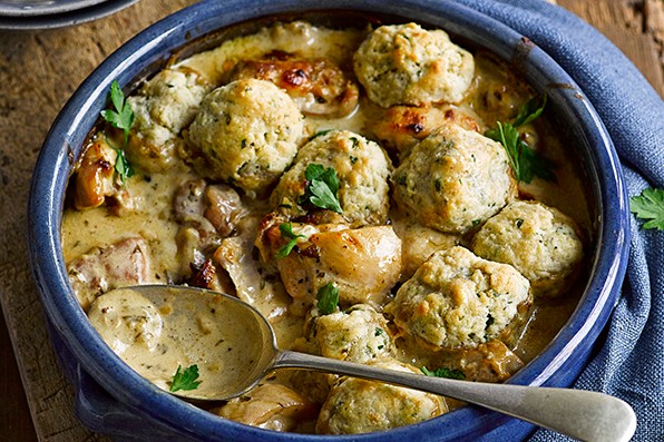 Chicken casserole with dumplings in a serving bowl