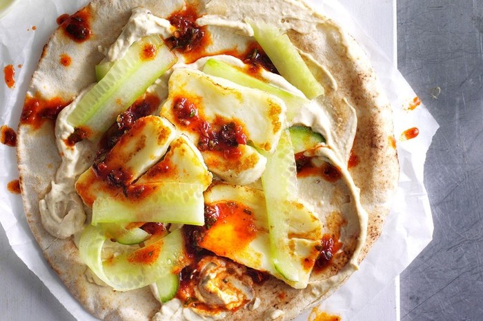 Quick halloumi flatbreads with harissa dressing