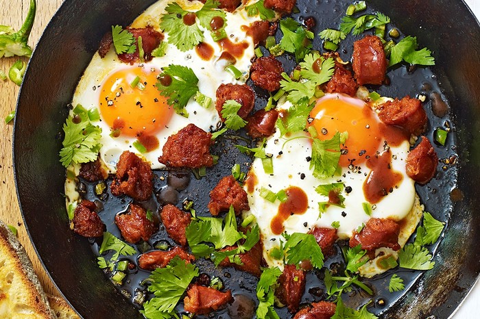 One-pan green chilli eggs with chorizo