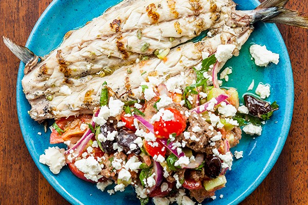 Grilled Sea Bass with Cretan Salad, Tomato, Oregano and Feta