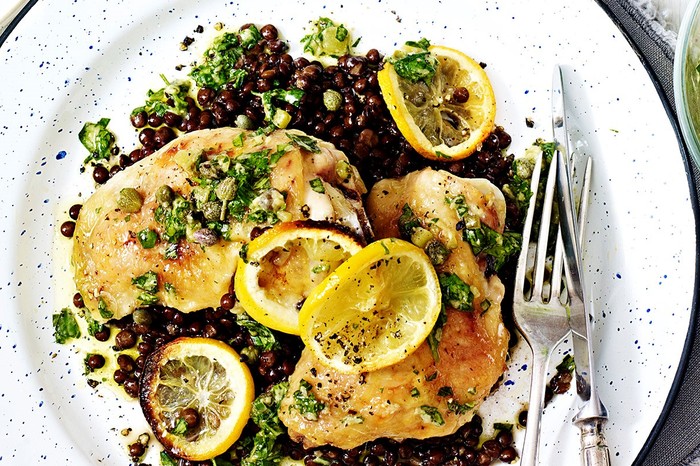 Quick roast chicken and lentils with salsa verde