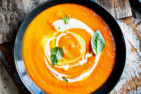 Tomato soup A bowl of tomato soup, with a swirl of creme fraiche