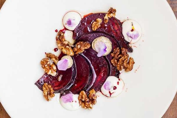 Salt-baked beetroot, smoked aubergine, goat’s cheese and walnuts