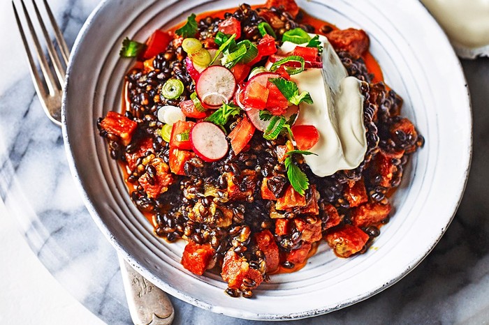 Black barley with chorizo and radish salsa