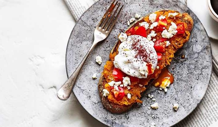 Squash toast with feta, sumac and poached egg