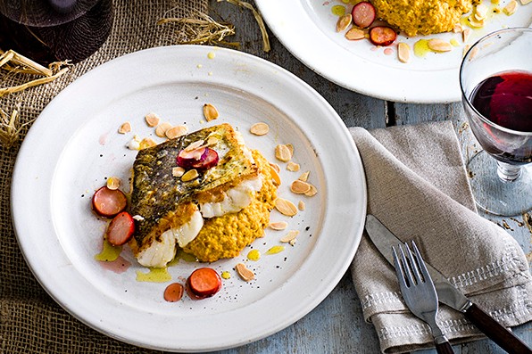 Roast Hake with Butternut Squash Purée and Pickled Radish