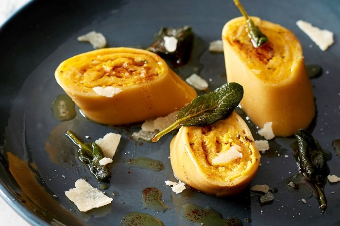 Butternut and ricotta rotolo with sage brown butter