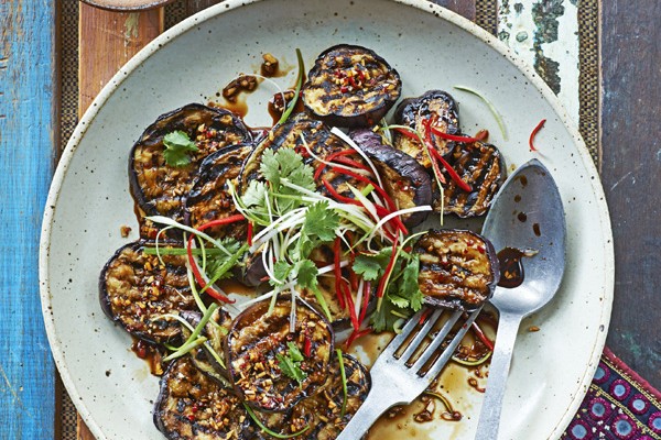 Malay-grilled aubergine with ketjap manis, lime and spring onion