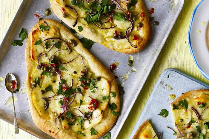 Halloumi Pizzettes Recipe with Caper Dressing