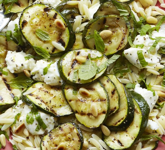 Griddled courgette, pine nut, and mozzarella salad