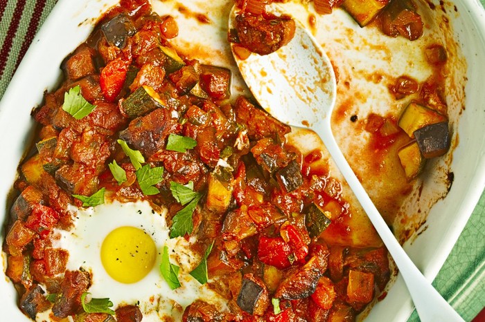 Baked eggs with ratatouille and chorizo