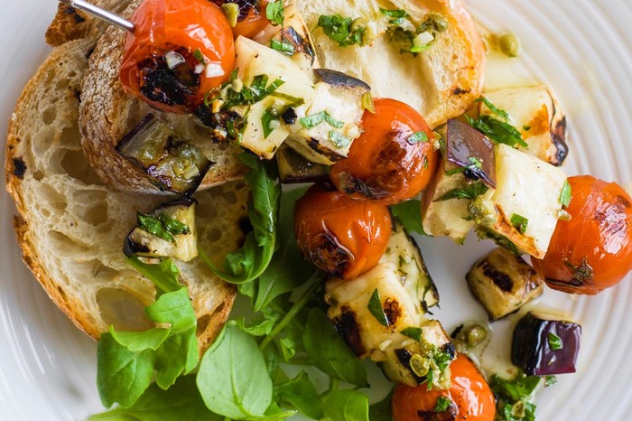 Halloumi, tomato and aubergine skewers