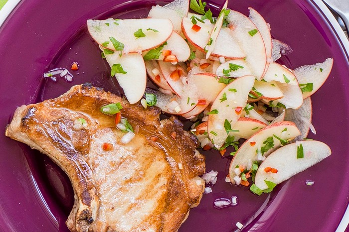 Pork chops with apple chilli salsa