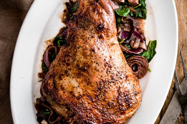 Roast Leg of Lamb with Pomegranate and Balsamic Onions Recipe