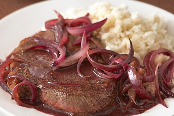 Steak and onions with celeriac mash