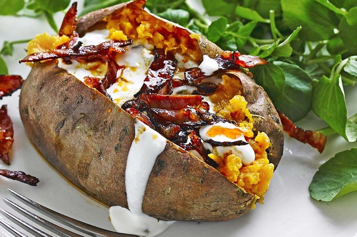 Baked sweet potatoes with feta cream and crisp chorizo