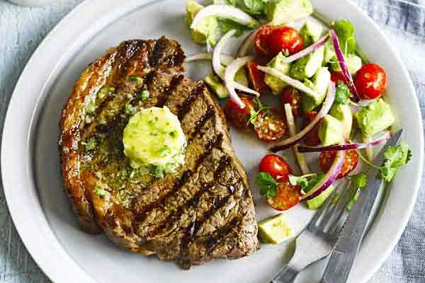 Chargrilled steak with Tabasco butter and avocado salad