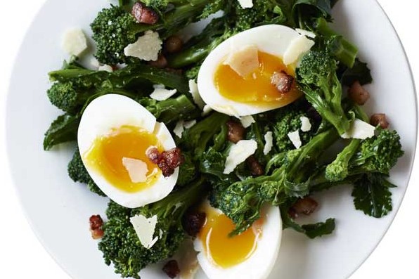 Purple sprouting broccoli with pancetta and soft-boiled eggs