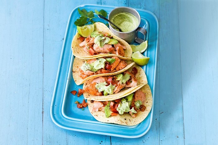 Lime grilled salmon tacos with avocado cream