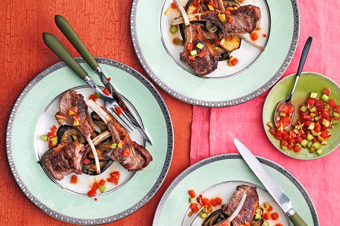 Lamb chops with aubergines and bloody mary salsa