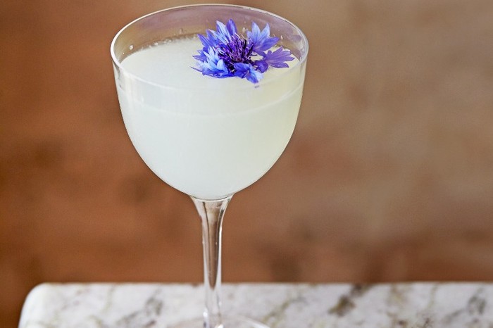 A stemmed cocktail glass filled with an opaque white liquid topped with a purple flower