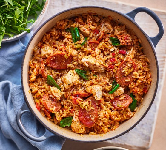 Chicken and chorizo jambalaya in a dish