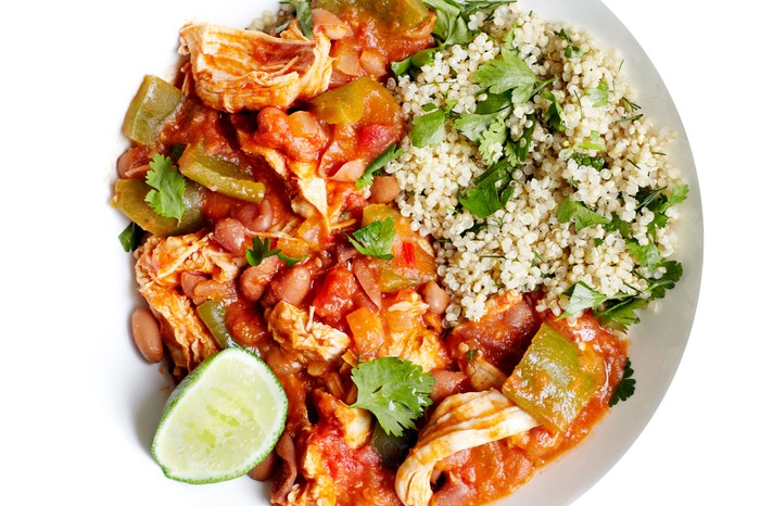 Chicken stew with quinoa in bowl
