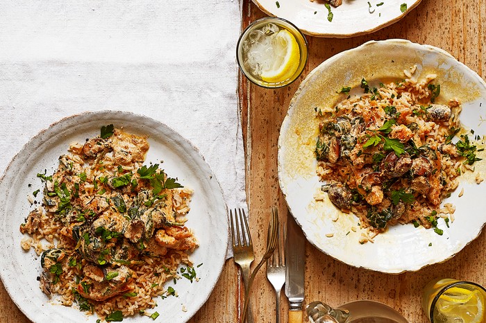 Chicken stroganoff Plates of chicken, mushroom and spinach stroganoff ready to serve