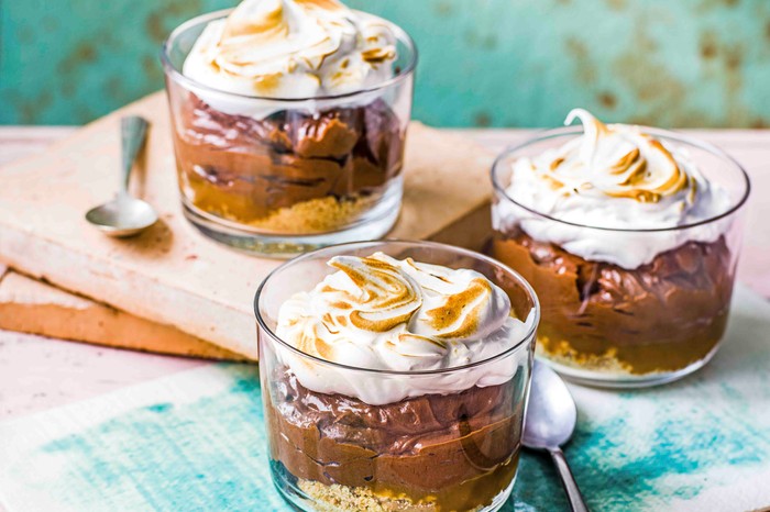 Three chocolate pots topped with marshmallows