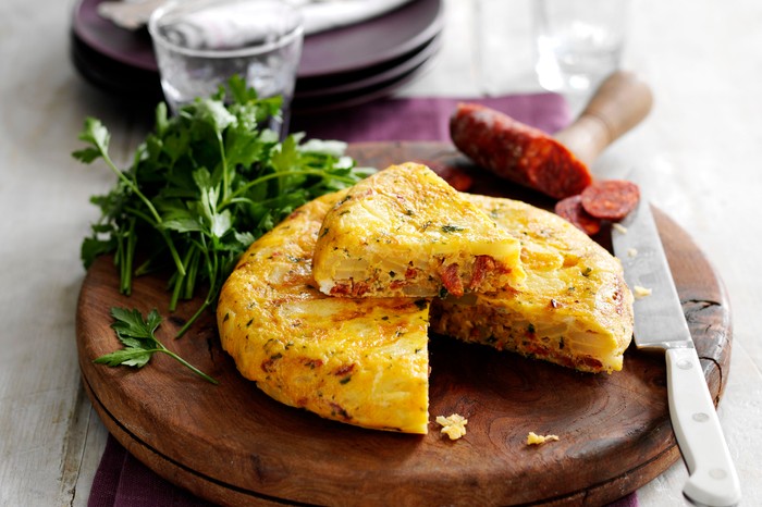 Easy Spanish Potato Tortilla with Chorizo and Parsley