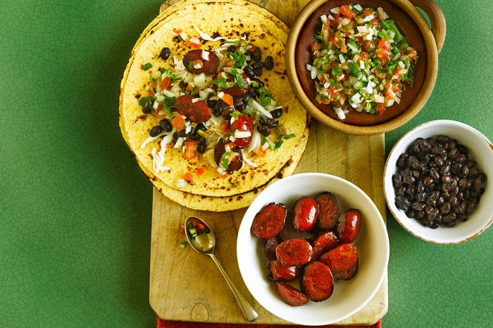 Chorizo Tacos Recipe with Pico De Gallo Chorizo tacos featuring pico de gallo, black beans and salad