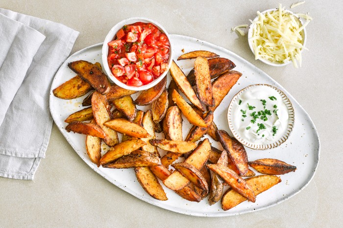 Golden potato wedges on a white platter with pots of soured cream and salsa