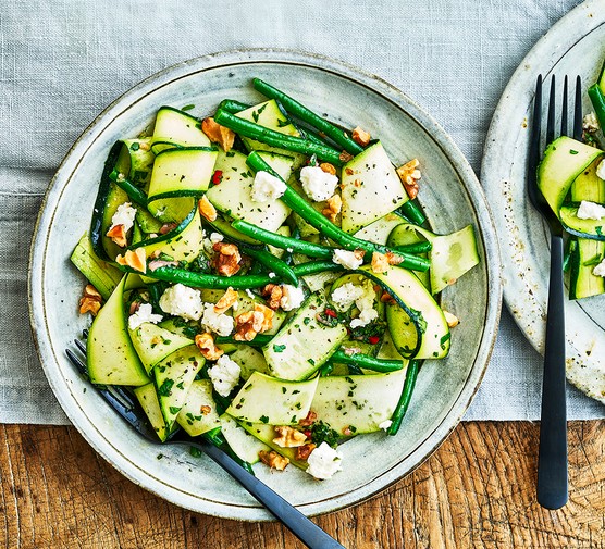 Courgette and chimichurri salad with feta and green beans