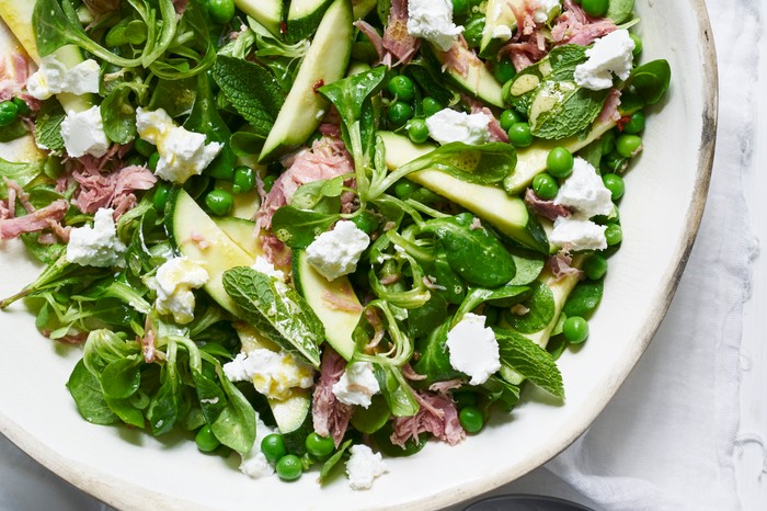 Quick pickled courgette, ham hock, pea and goat’s cheese salad